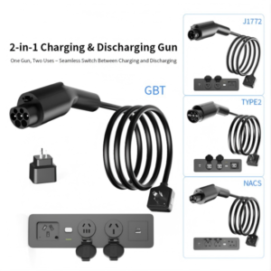 2-in-1 V2L AC Charger charging an electric vehicle and powering external devices outdoors
