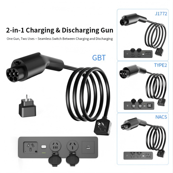 2-in-1 V2L AC Charger charging an electric vehicle and powering external devices outdoors