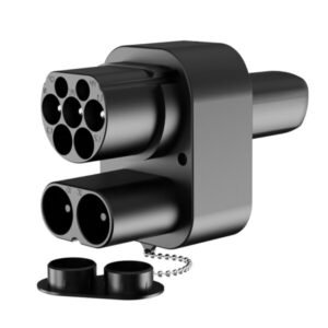 CCS2 to NACS Adapter connecting European CCS2 charging station to Tesla Model Y